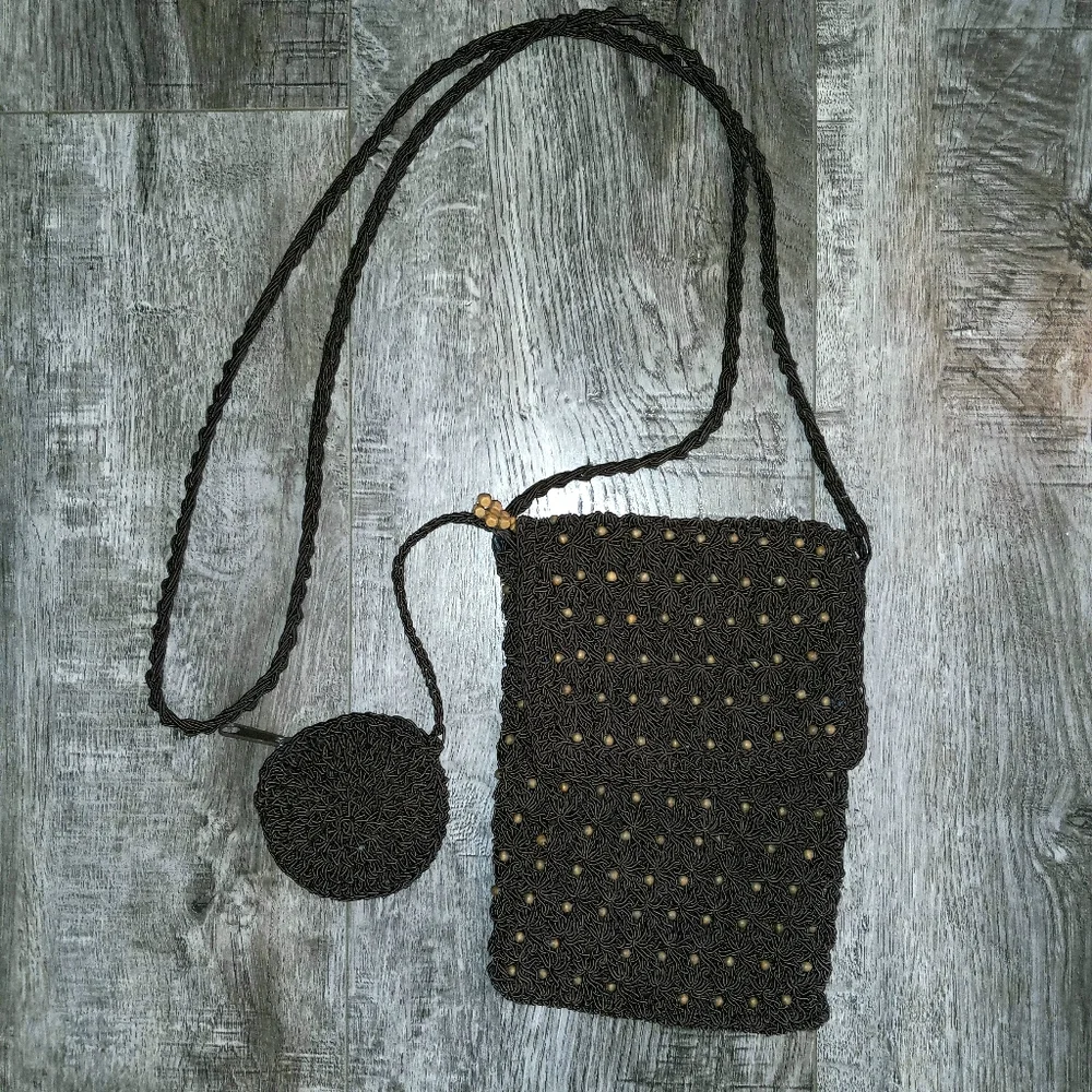 The Limited dark brown crochet crossbody bag with attached coin purse